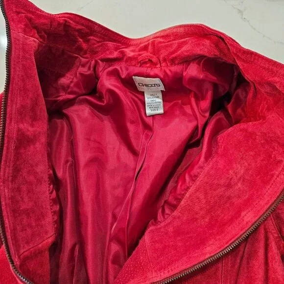 Chicos Red Suede Leather Jacket Size 2 Large Double Zip Flaw Work Jacket Lined - Picture 5 of 10